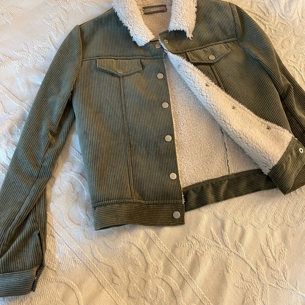 Olive Green Corduroy Jacket with Sherpa Lining